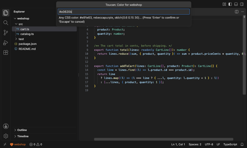 Set Color: typing a color previews it on the status bar